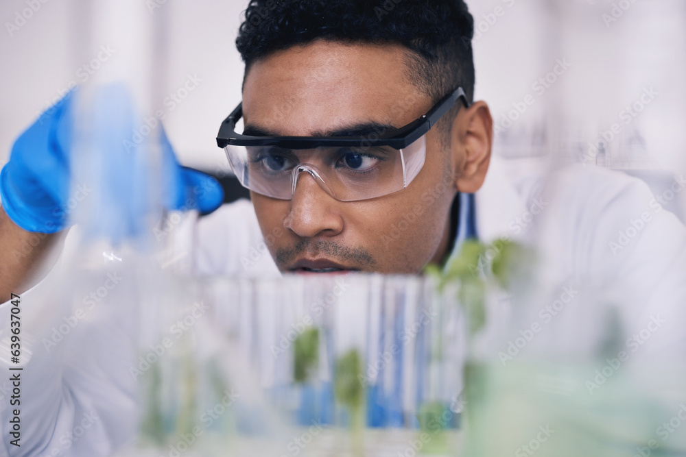 Science, nature and man with test tube in laboratory, research and thinking with plants. Biotechnolo