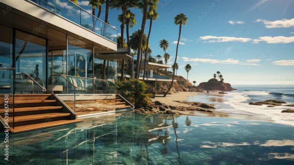 A pool with steps leading to the beach. Digital image.