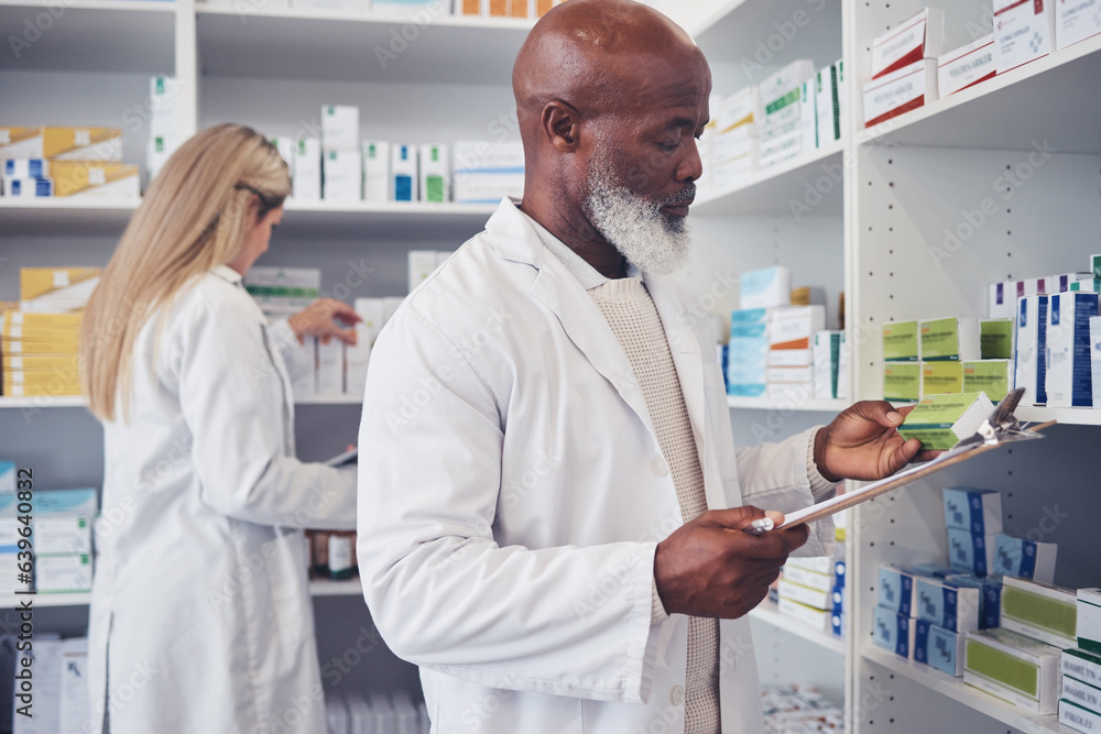 Pharmacy product, clipboard and mature black man reading medicine label, prescription information or