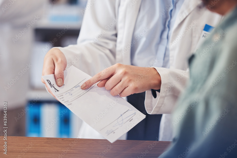 Customer help, paper and hands of pharmacist explain description, receipt information or healthcare 