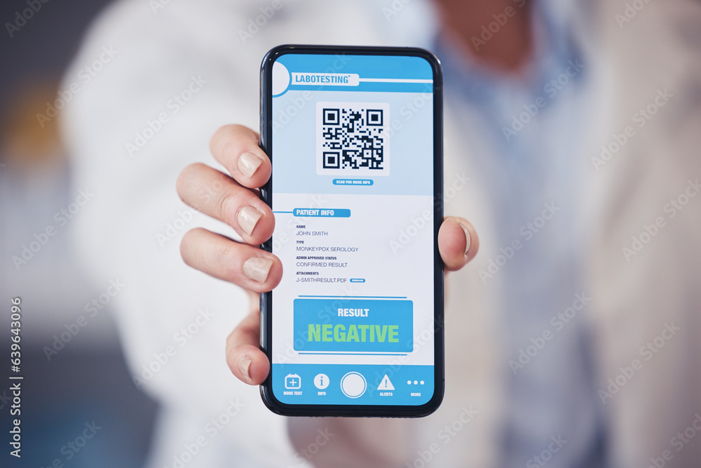 Closeup, hand and phone screen for health results with a barcode for monkeypox safety. Healthcare, d