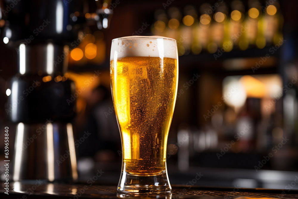 Beer in glass and free space for your bottle. Wooden table and dark interior of bar.