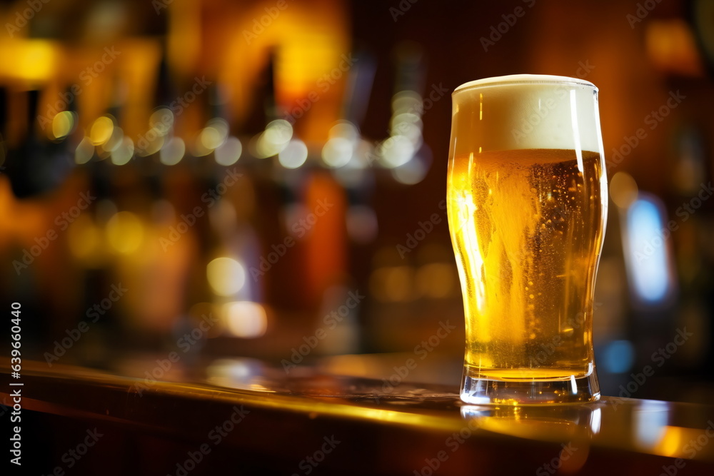 Beer in glass and free space for your bottle. Wooden table and dark interior of bar.