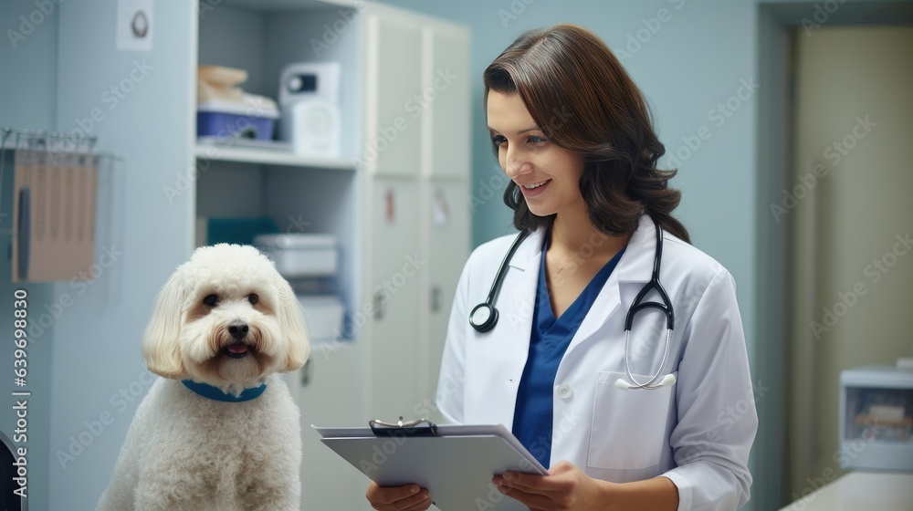 A Compassionate Moment of Veterinary Care: A Veterinarian Engaging with a Pet Owner in a Modern, Wel