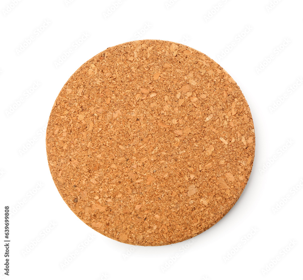 Round cork table coaster on white background