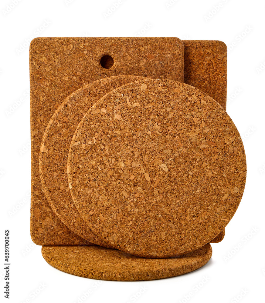 Set of cork table coasters on white background