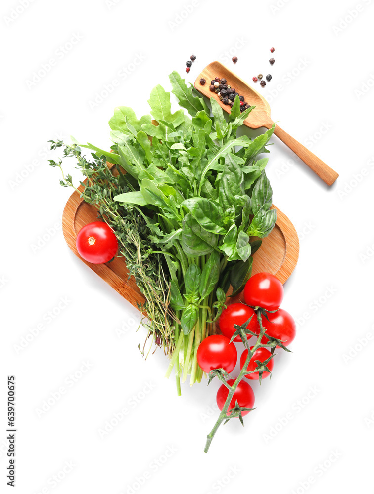 Composition with fresh herbs, tomatoes and peppercorns on white background