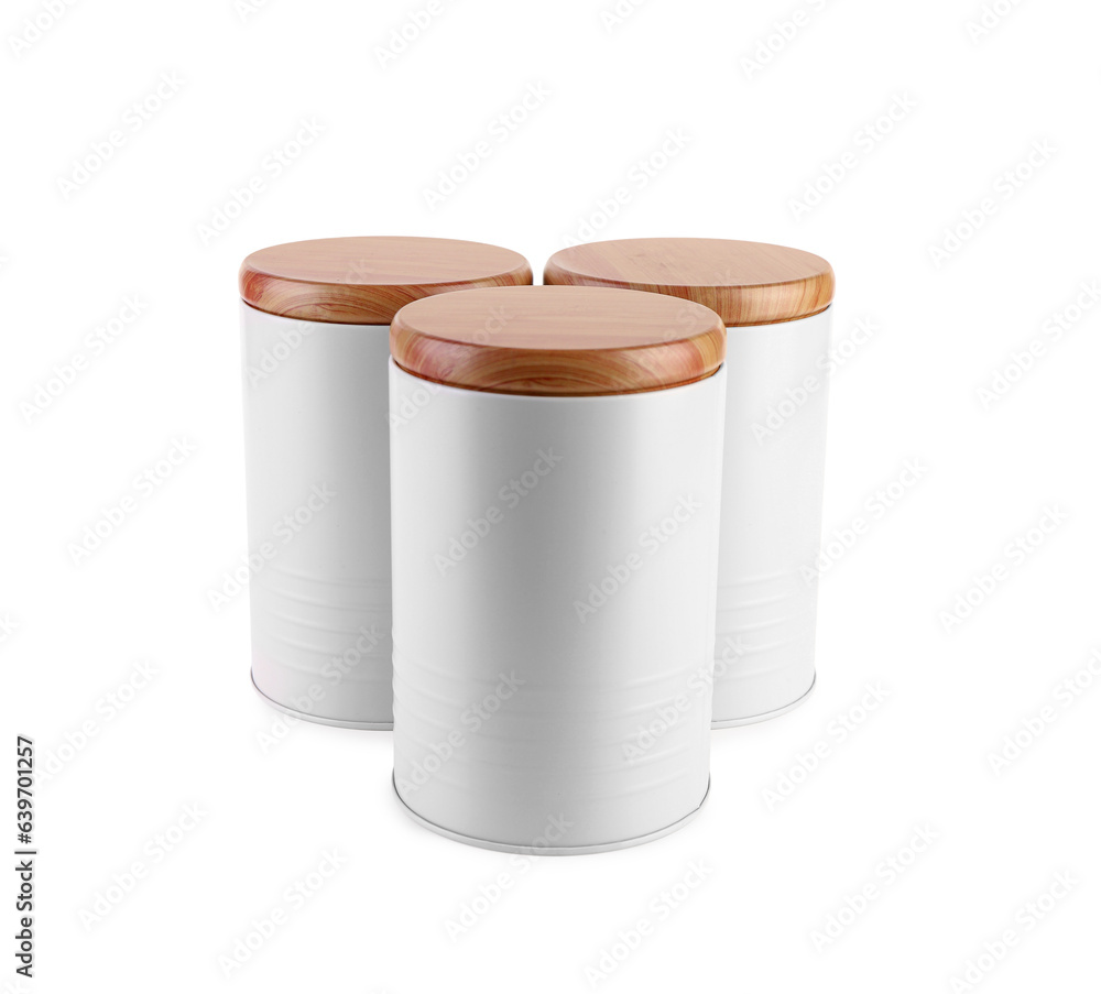 Kitchen jars with wooden lids isolated on white background