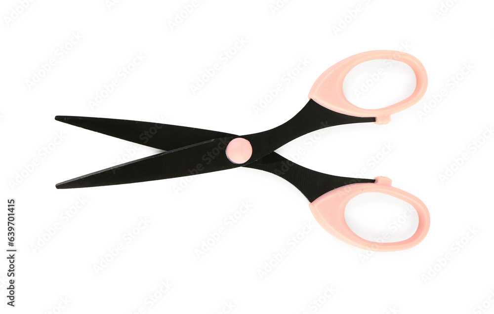 Scissors with pink handle isolated on white background