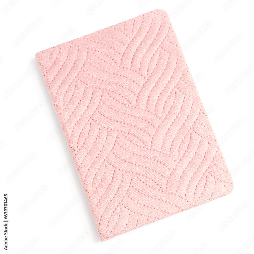 Stylish notebook in pink plush cover on white background