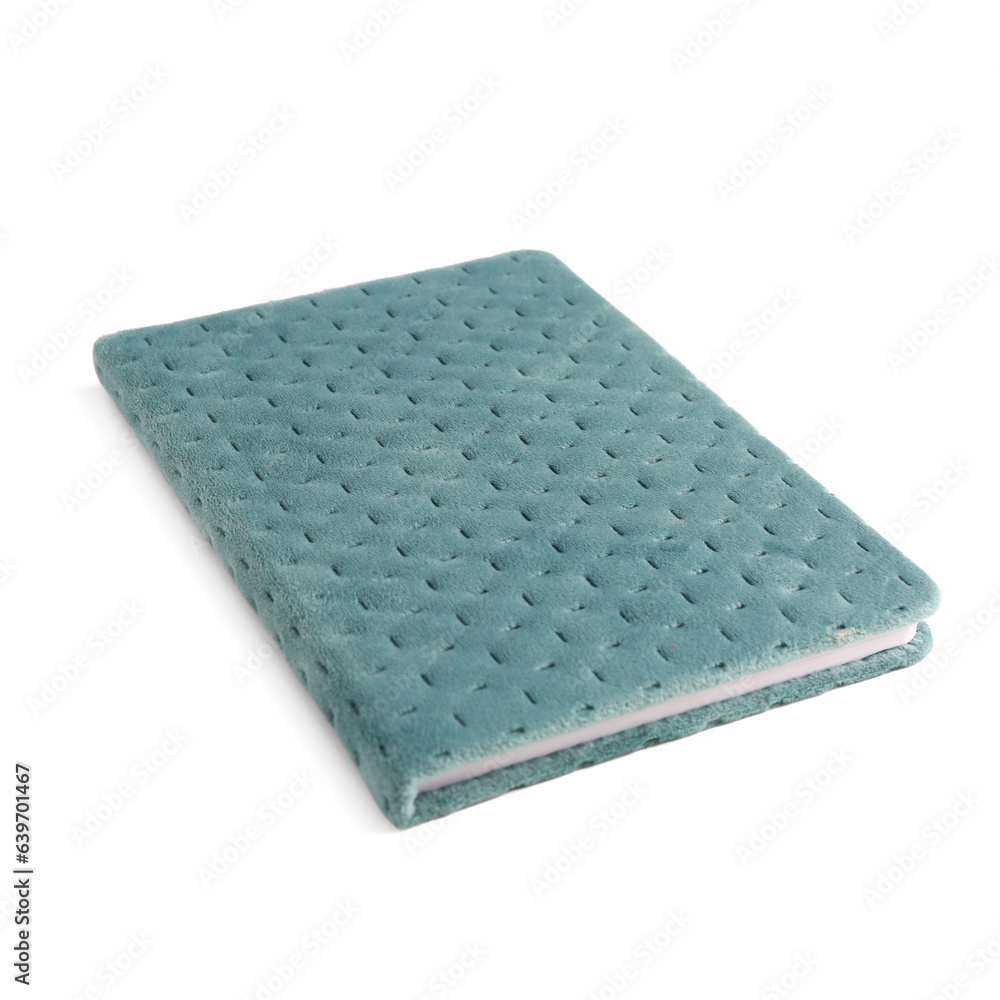 Stylish notebook in plush cover on white background