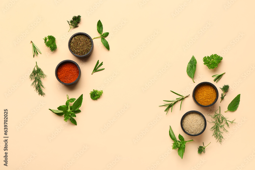 Composition with bowls of spices and herbs on color background