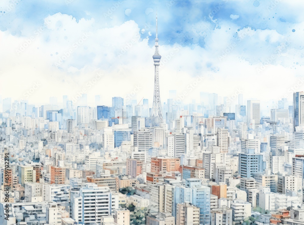 Blue watercolor cityscape background