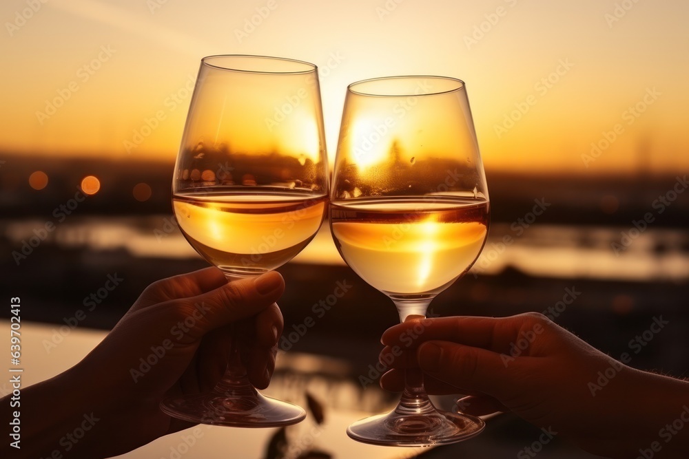 Glasses of wine with sunset sky background