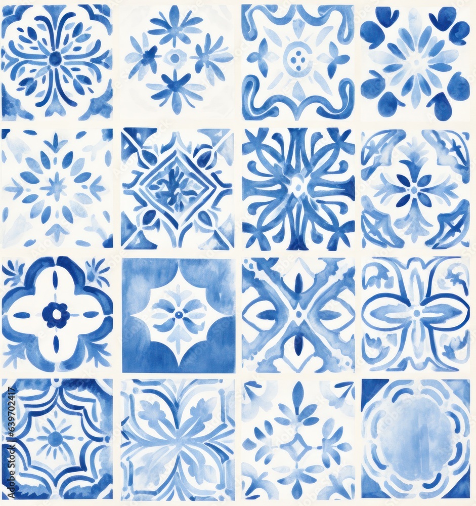 A blue tile pattern of watercolor tiles