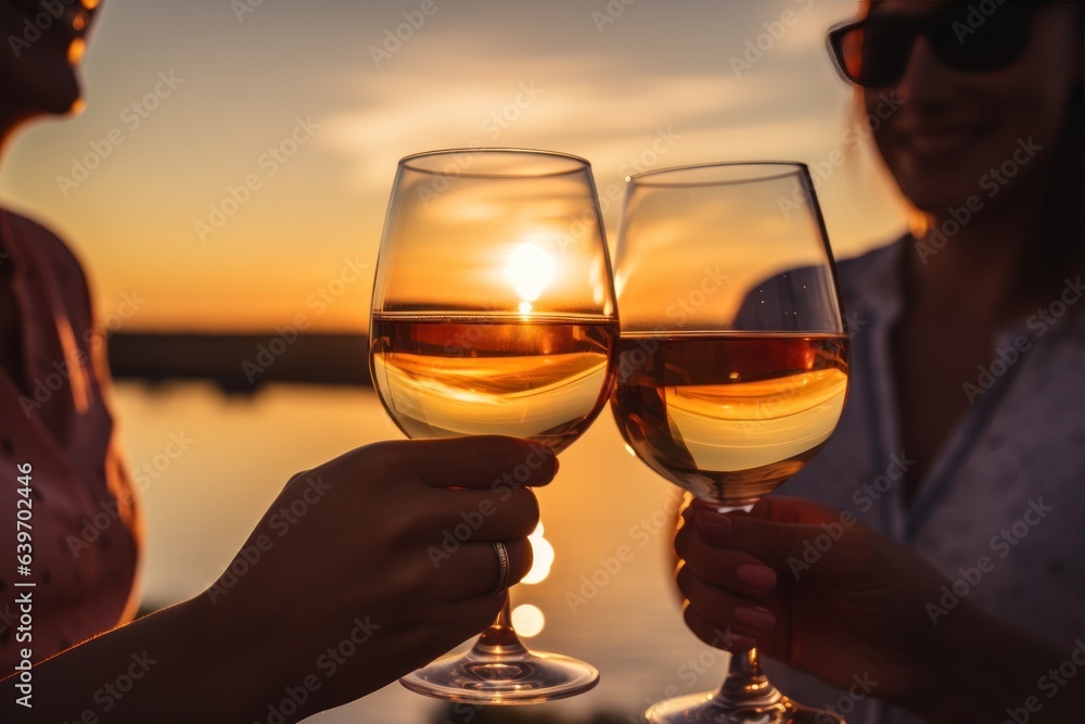 Glasses of wine with sunset sky background