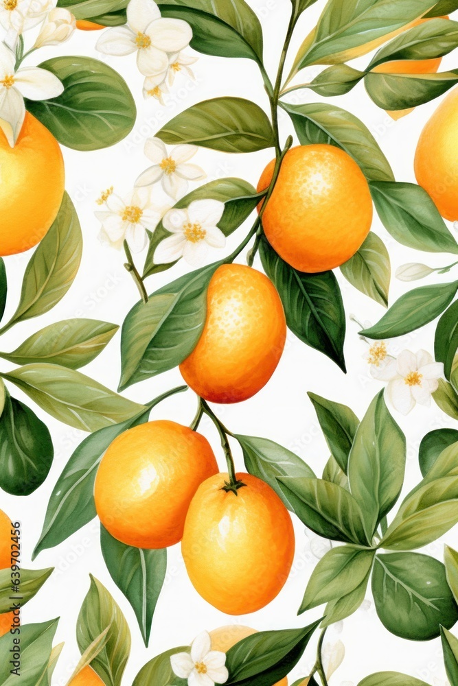 Beautiful botanical watercolor pattern with oranges and leaves