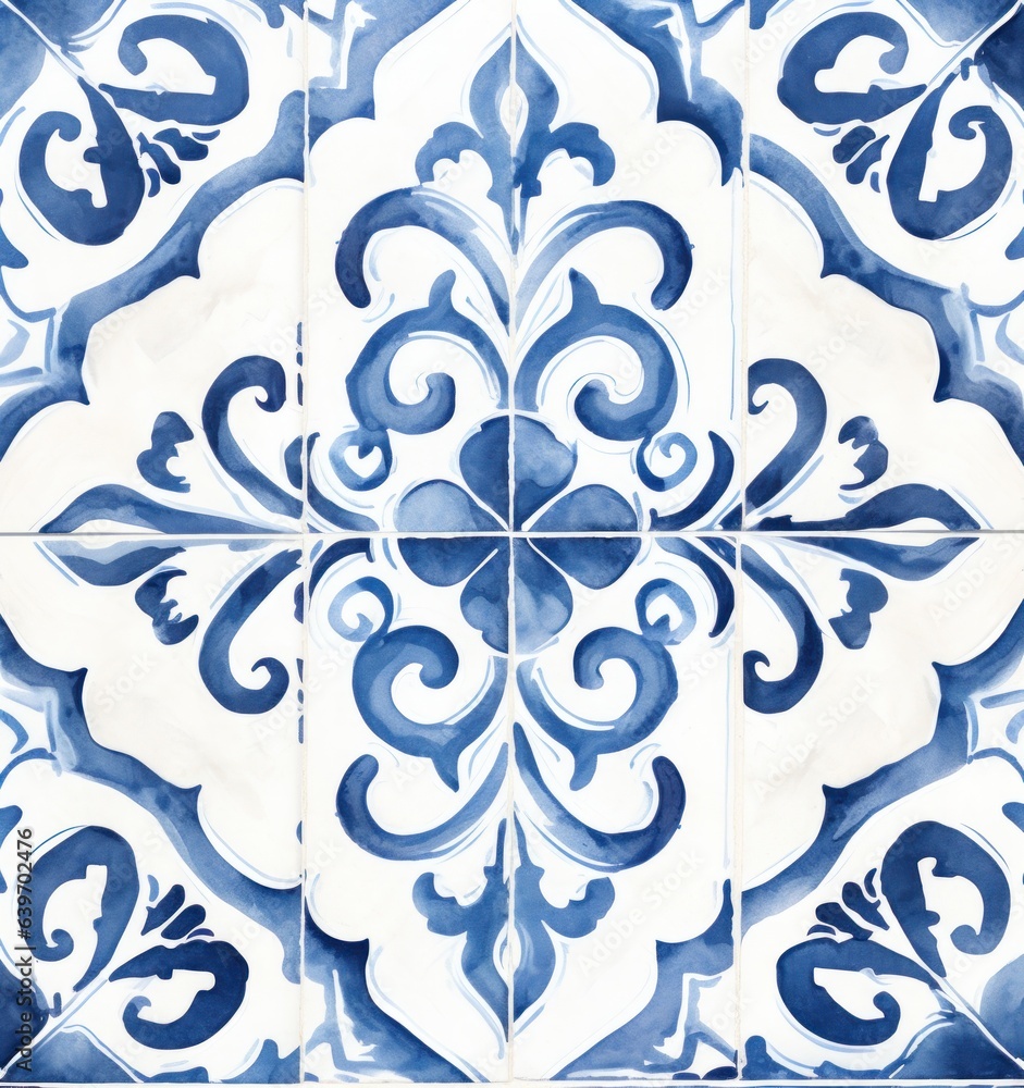 A blue tile pattern of watercolor tiles