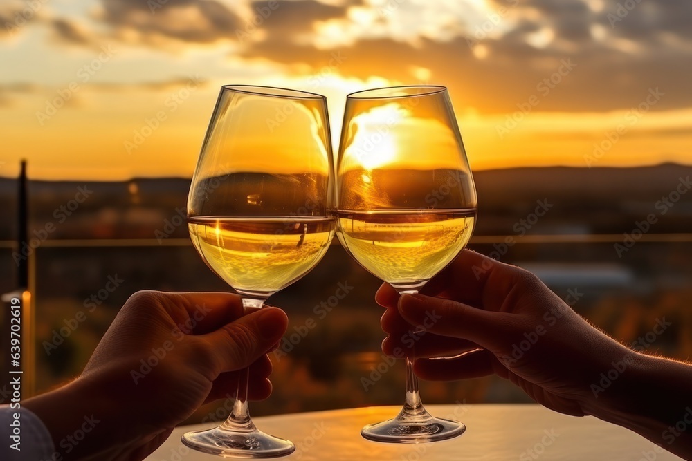 Glasses of wine with sunset sky background