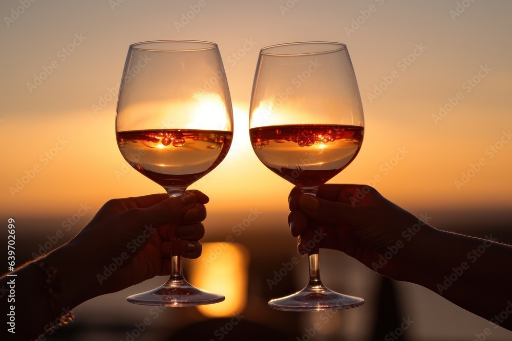 Glasses of wine with sunset sky background