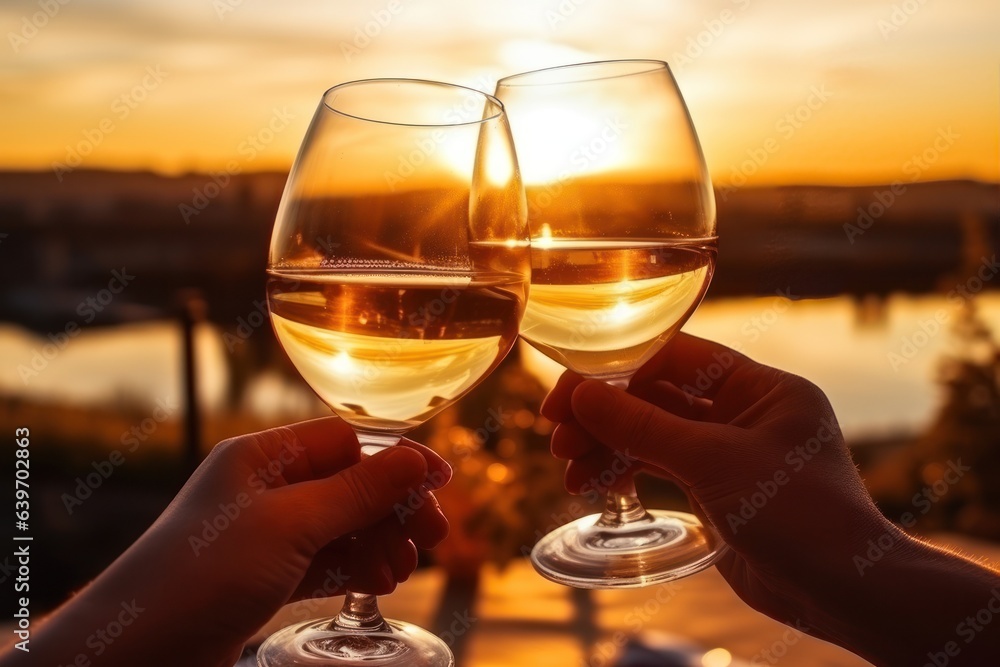 Glasses of wine with sunset sky background