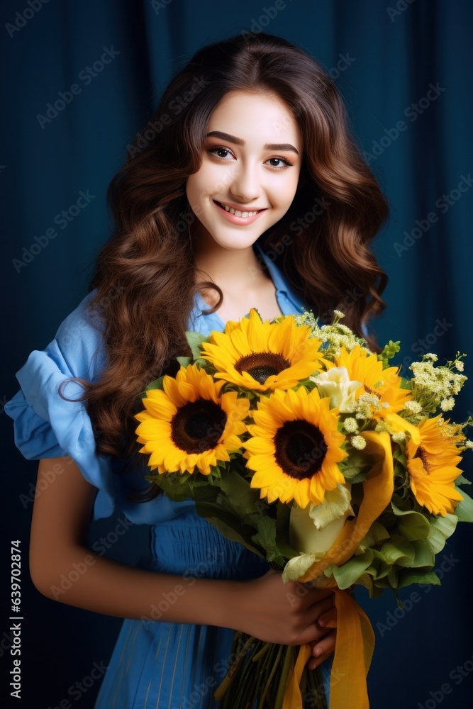 Beautiful woman with sunflower bouquet