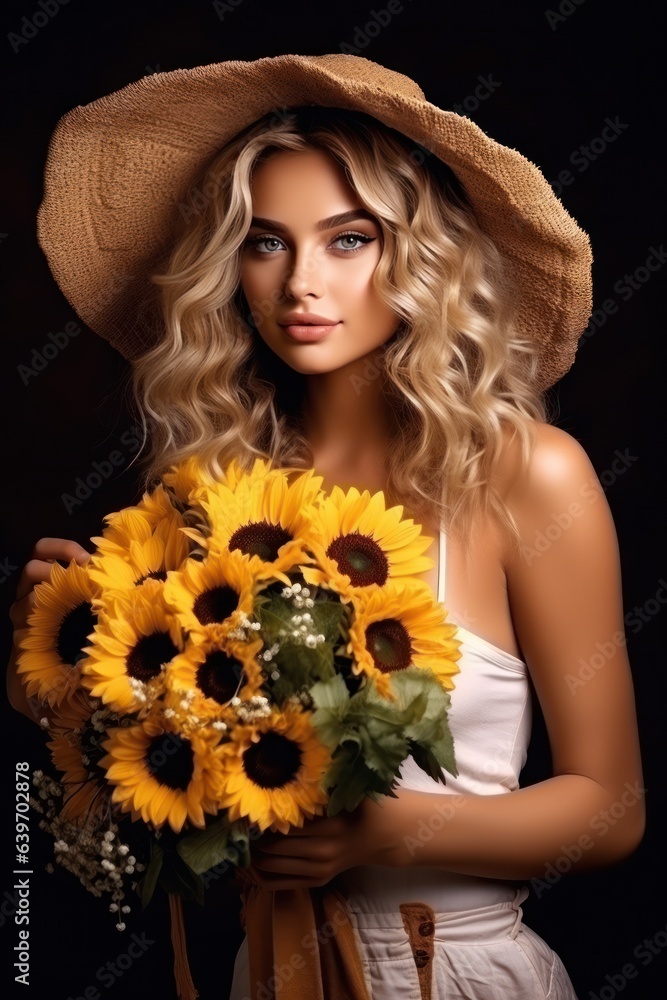 Beautiful woman with sunflower bouquet