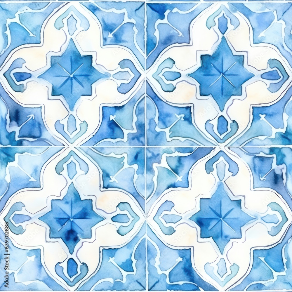 A blue tile pattern of watercolor tiles