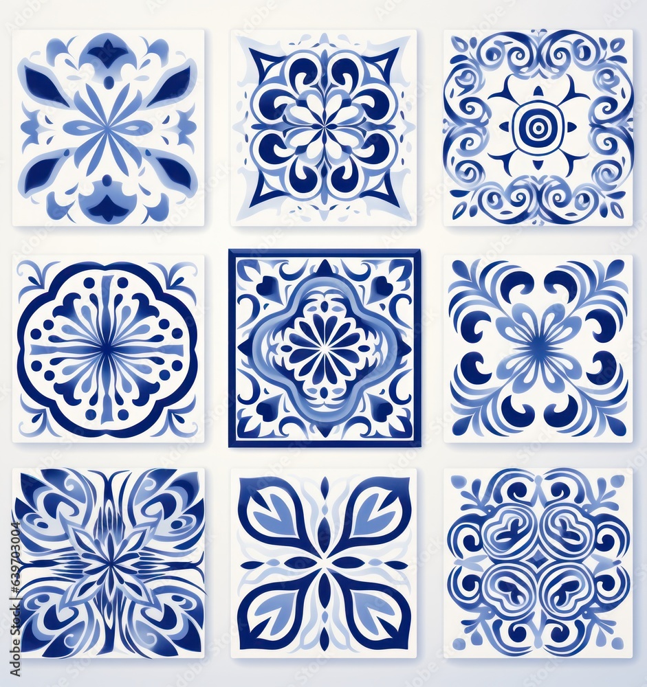 A blue tile pattern of watercolor tiles