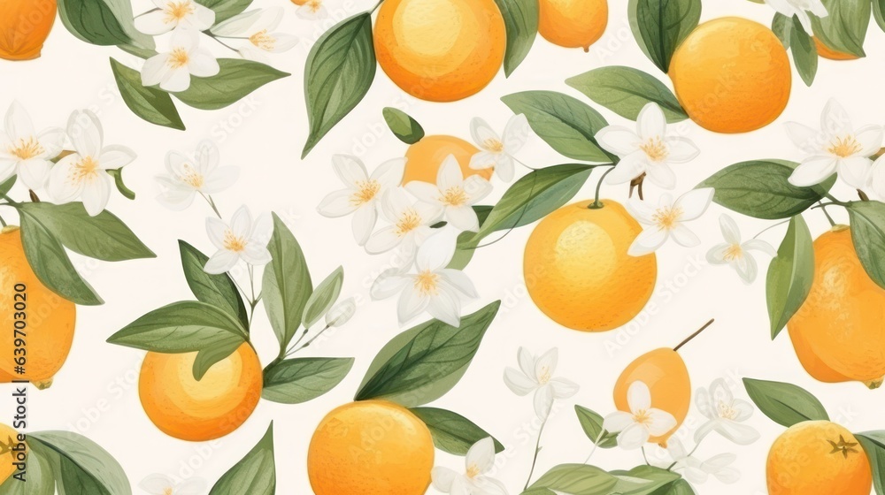 Beautiful botanical watercolor pattern with oranges and leaves