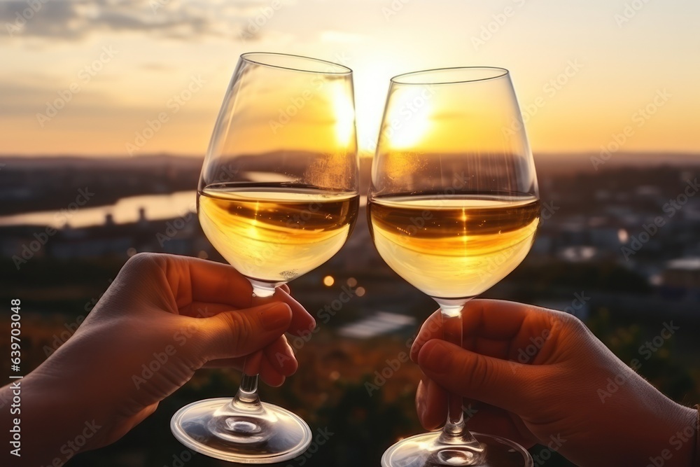 Glasses of wine with sunset sky background