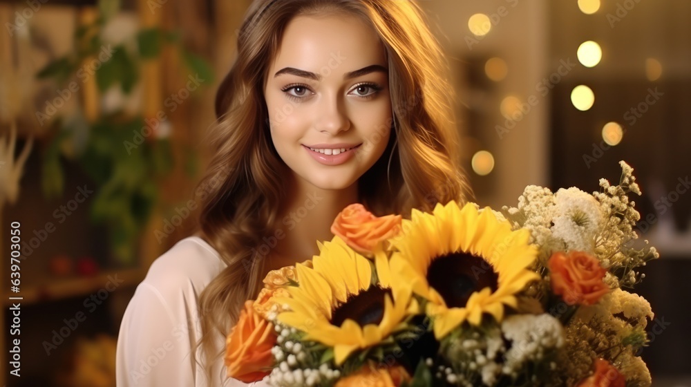 Beautiful woman with sunflower bouquet