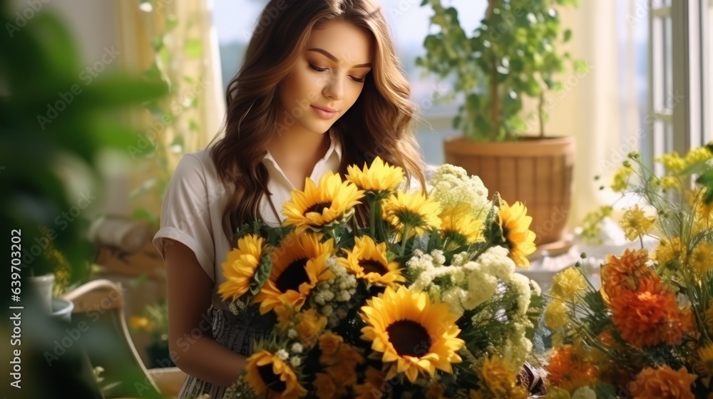 Beautiful woman with sunflower bouquet