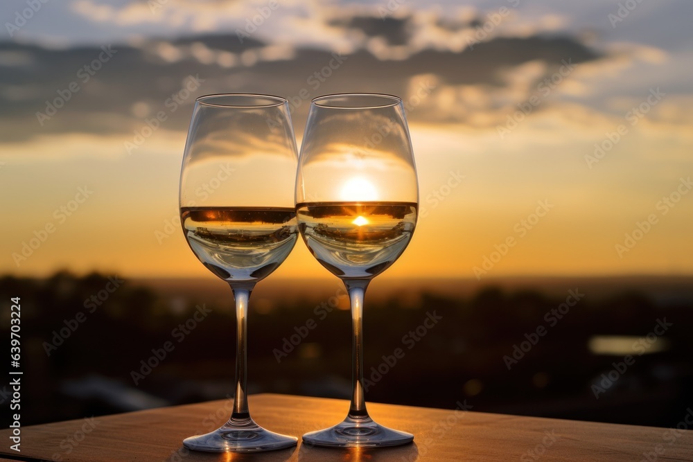 Glasses of wine with sunset sky background