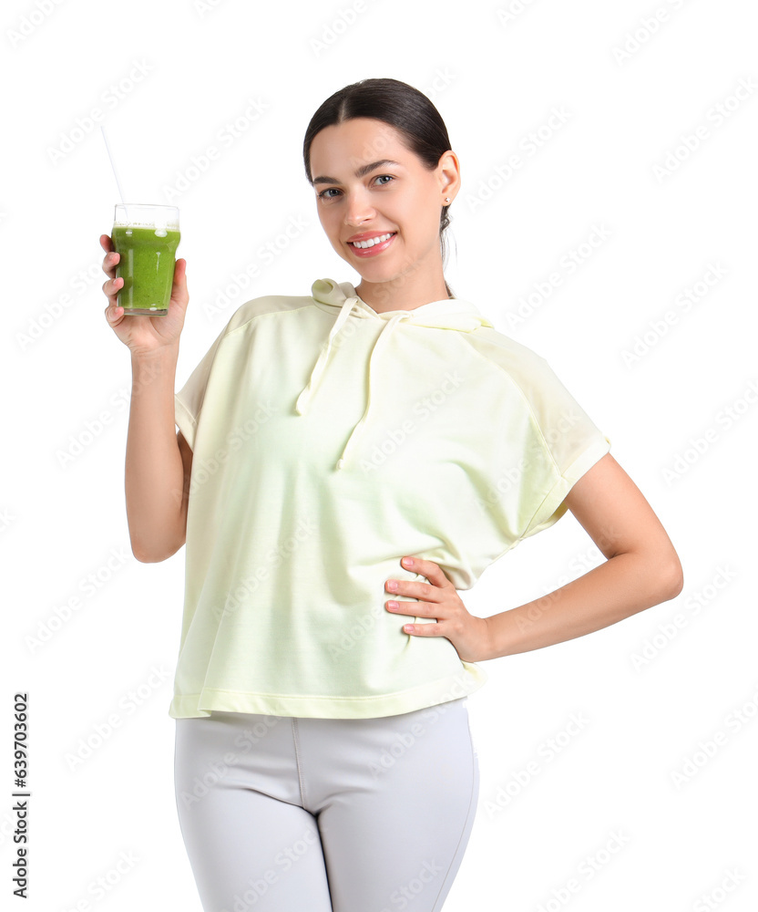 Sporty young woman with healthy smoothie on white background