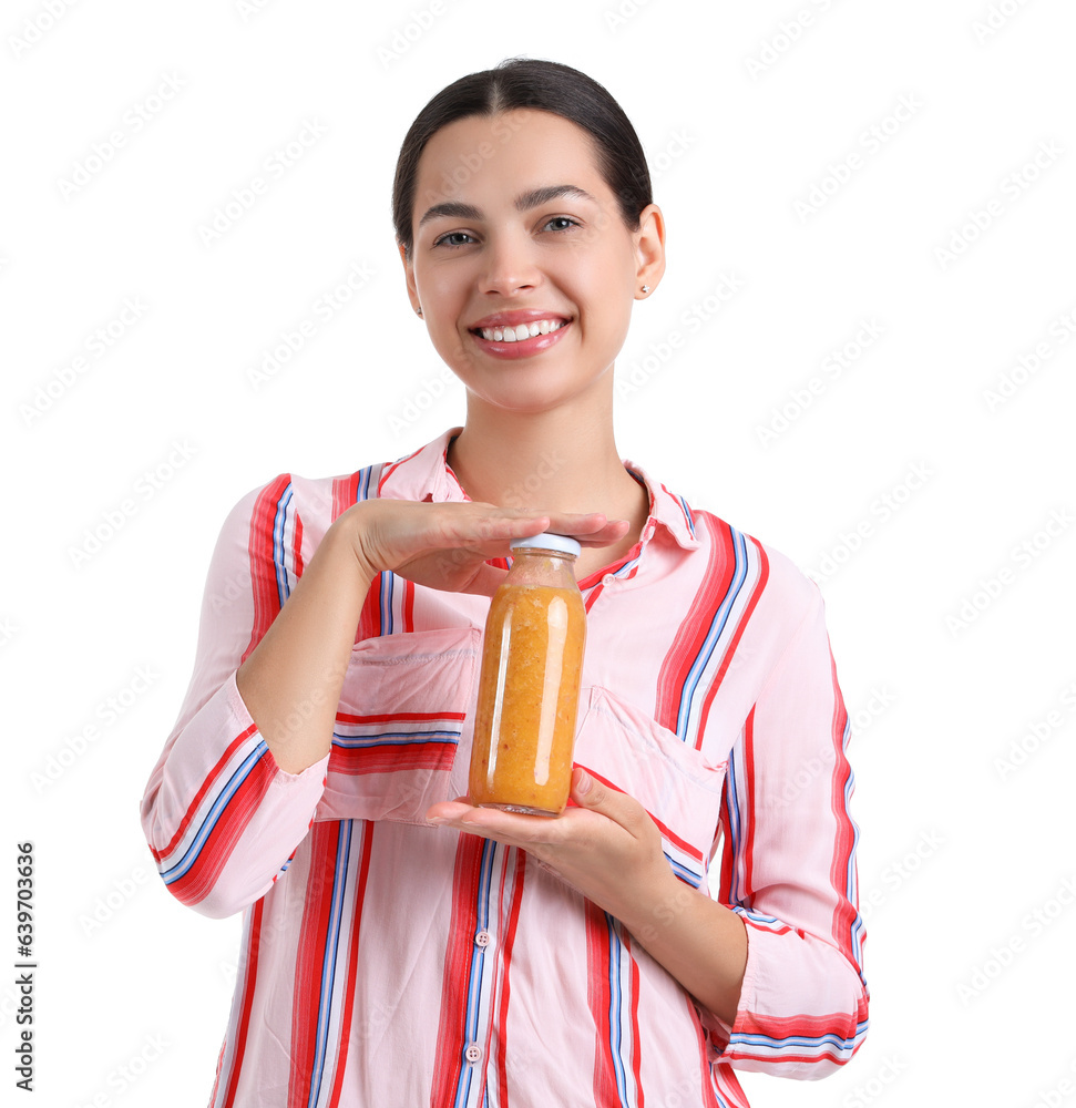 Young woman with healthy smoothie on white background