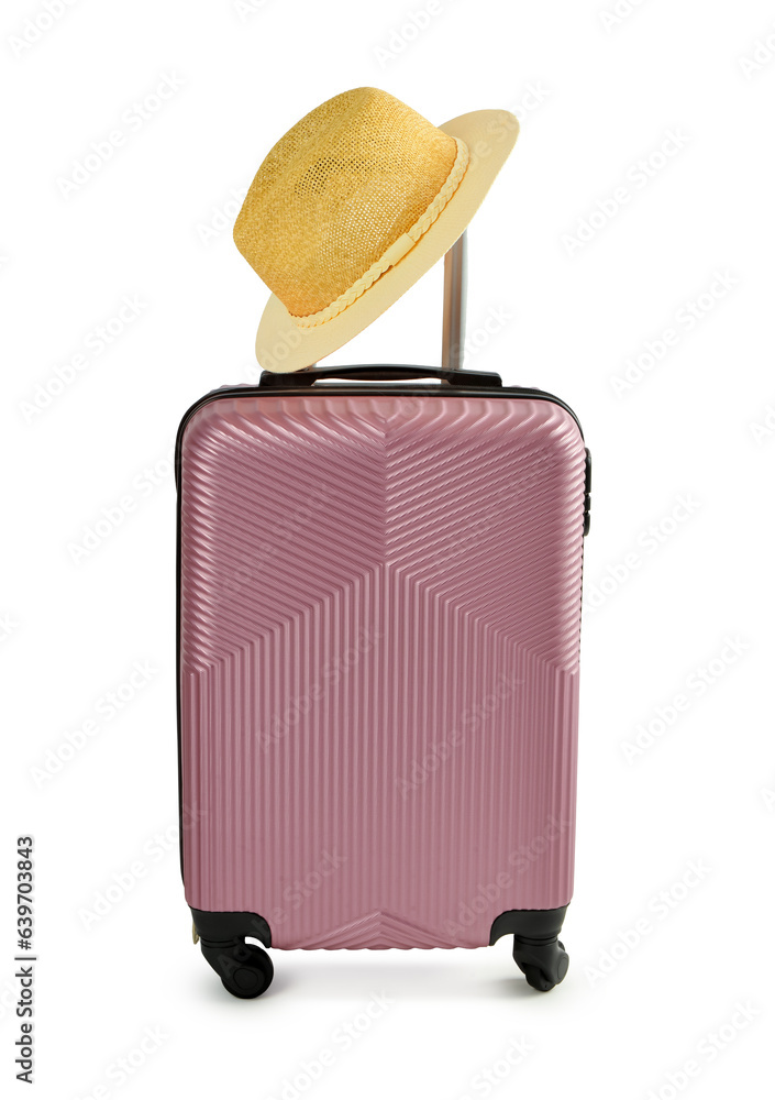 Suitcase with stylish hat on white background