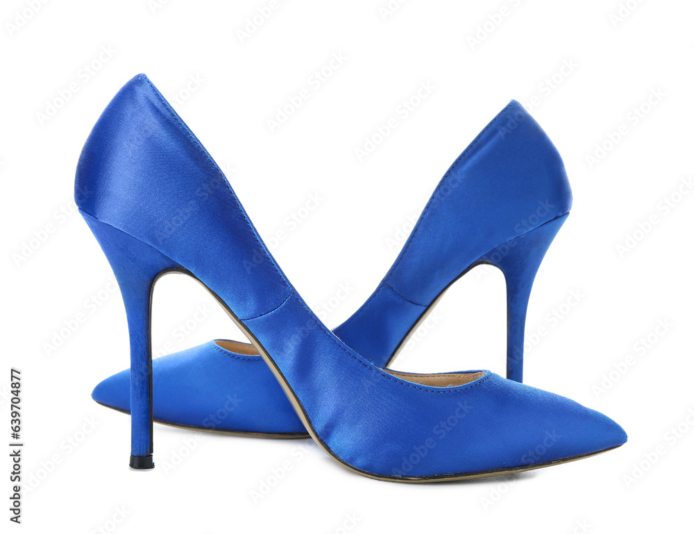 Stylish blue high heels on white background