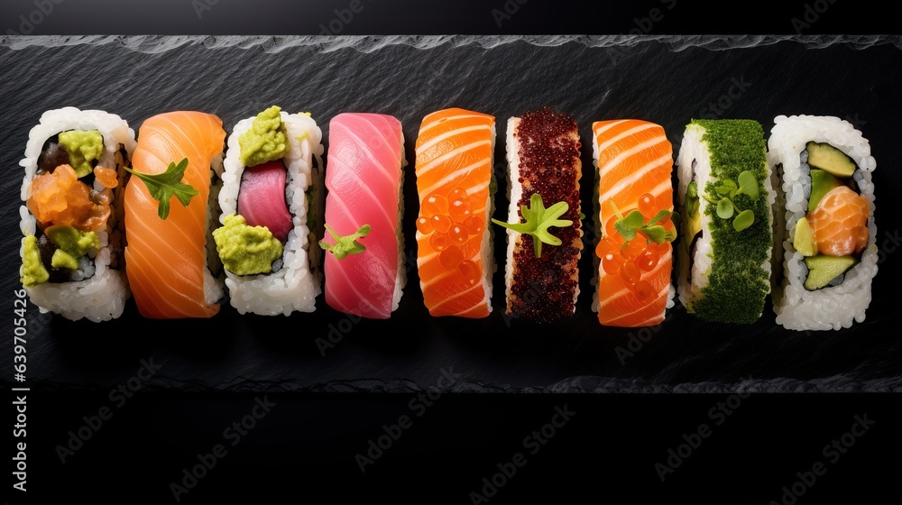 A close-up shot of a selection of sushi rolls