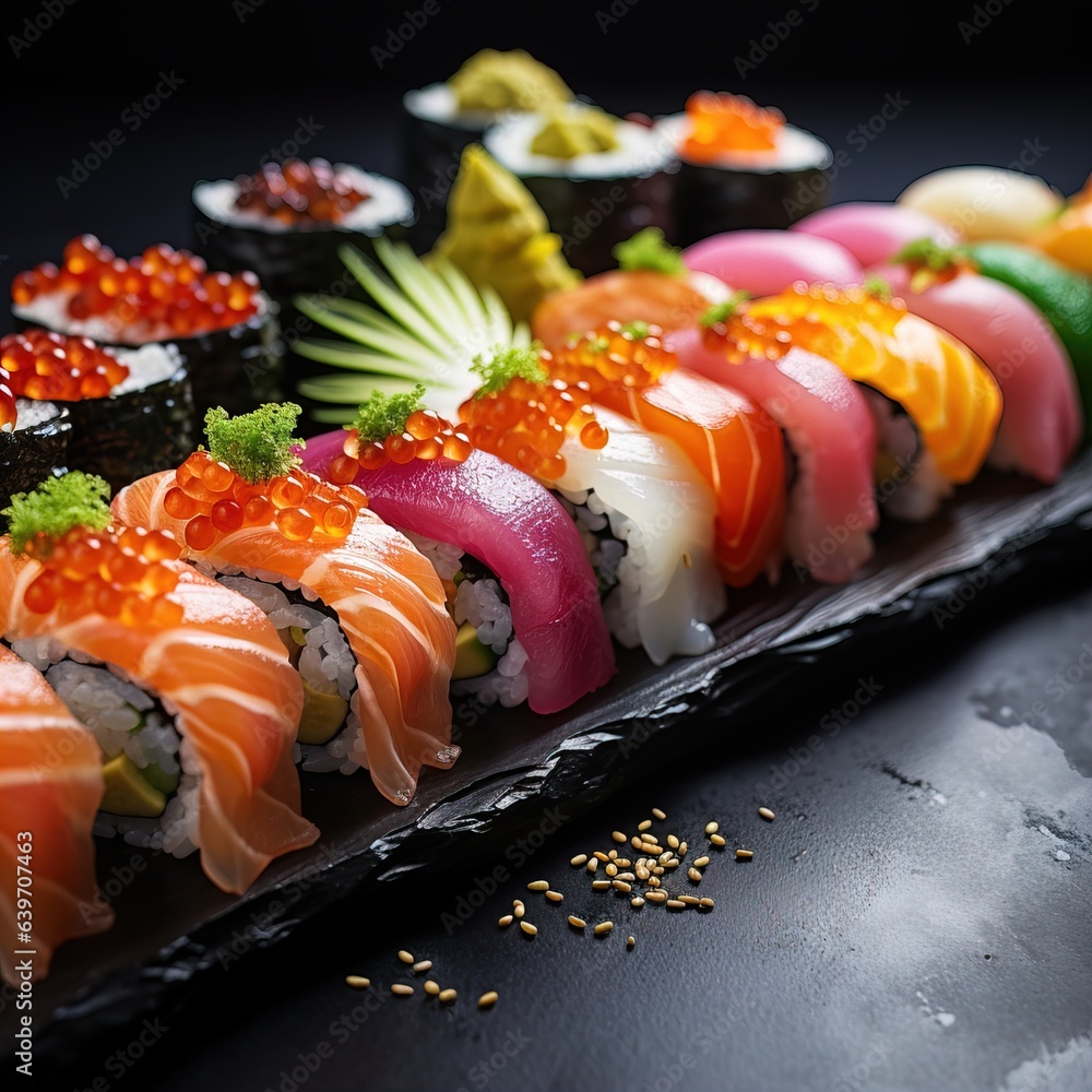 Beautiful set of sushi on black plate