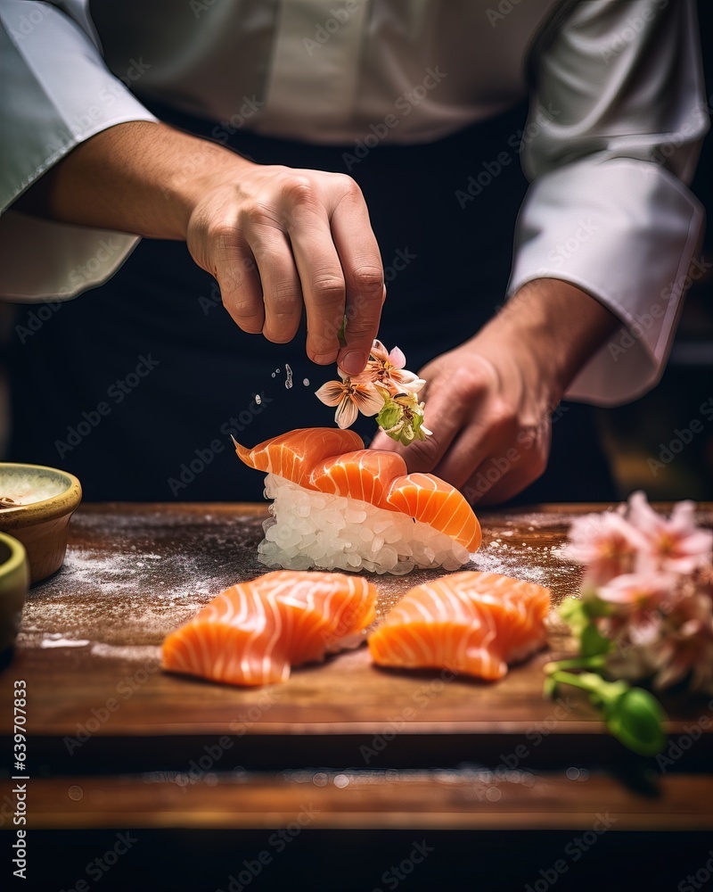 Sushi chef cooks in kitchen