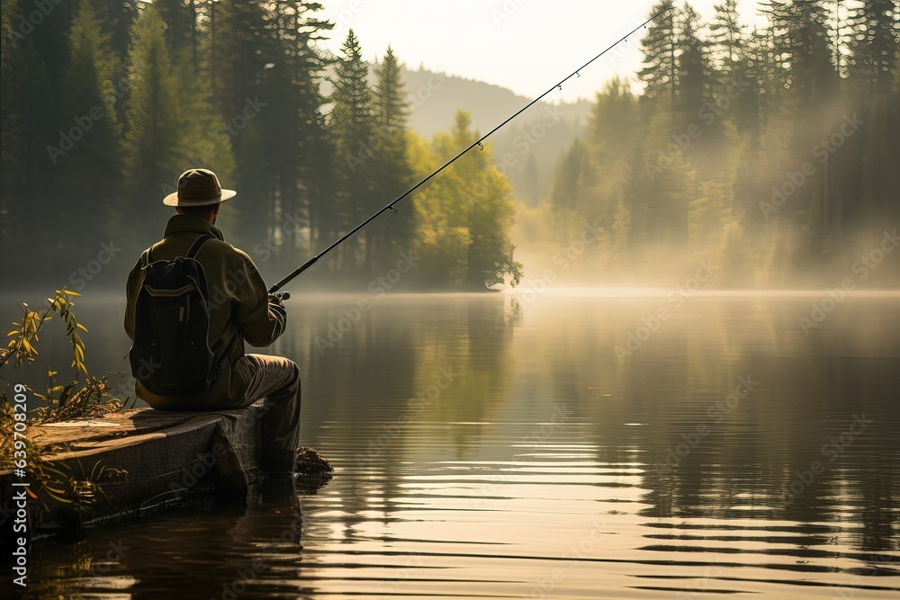 Man on shore of lake with fishing rod. Fishing