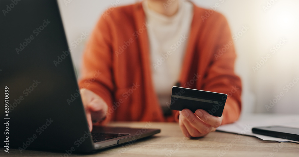 Laptop, credit card and online shopping with a woman customer searching for a retail product or maki