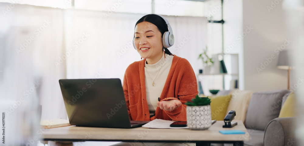 Woman on video call with work from home laptop, headphones and virtual international online meeting.