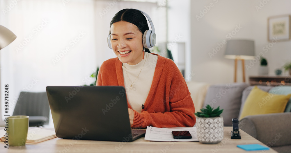 Woman on video call with work from home laptop, headphones and virtual international online meeting.