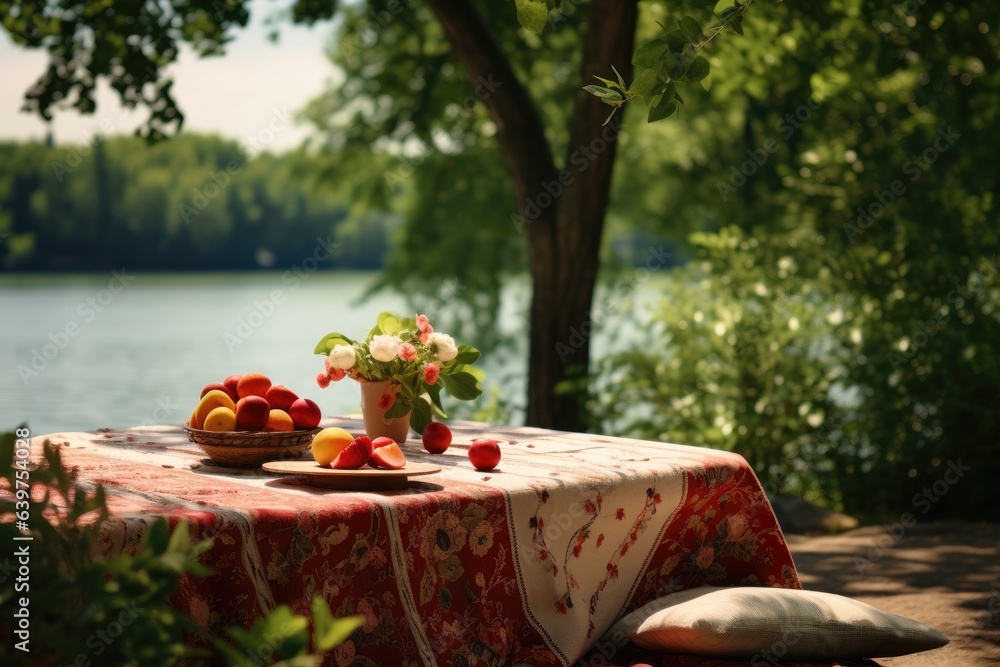 Empty wooden table with picnic in garden background. Generative AI