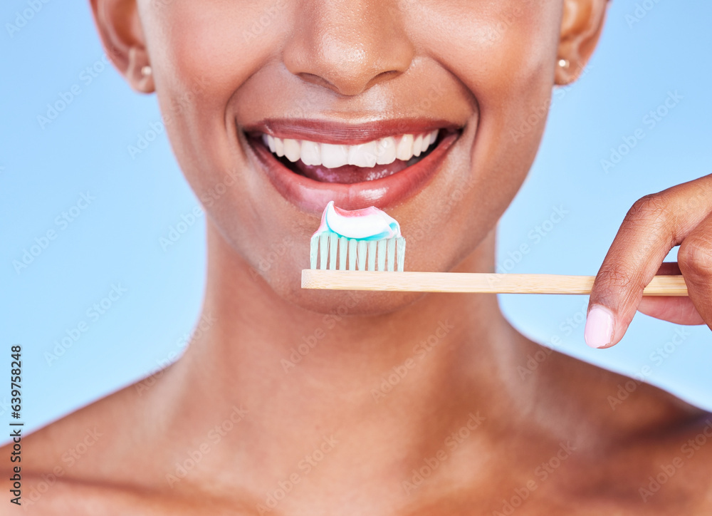 Closeup, mouth or woman brushing teeth in studio for dental care, fresh breath or healthy smile on b