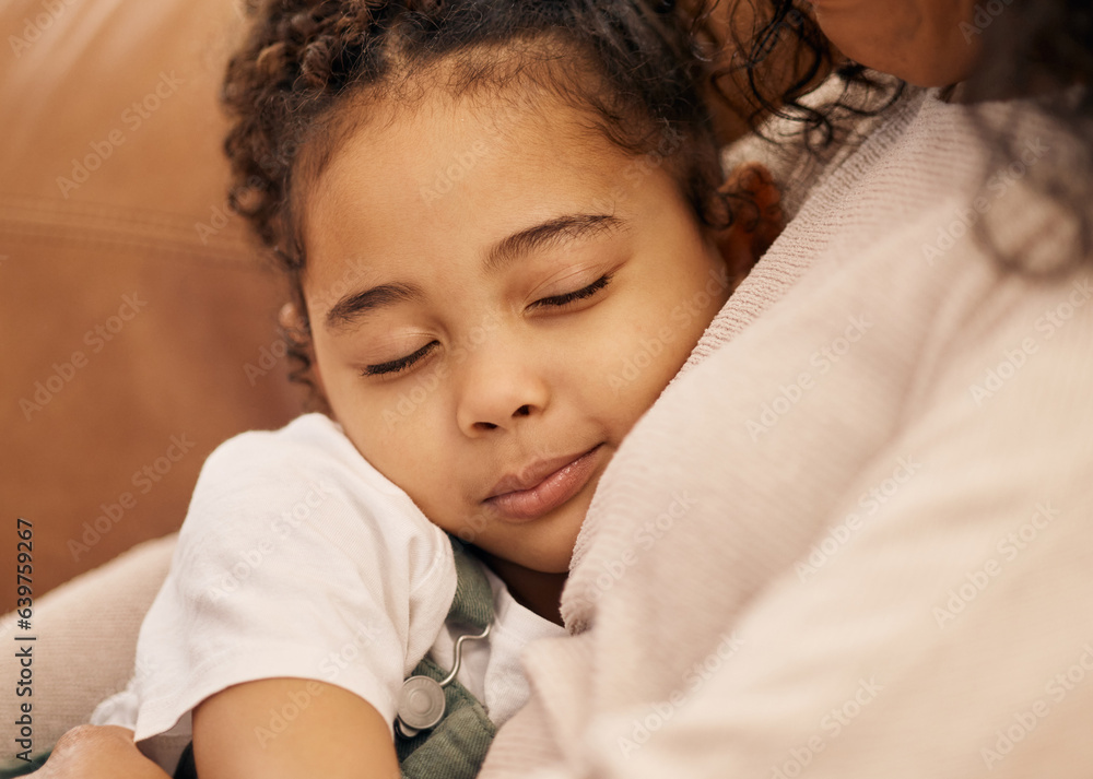 Sleeping, love and face of a girl with her mother closeup in the living room of their home together 