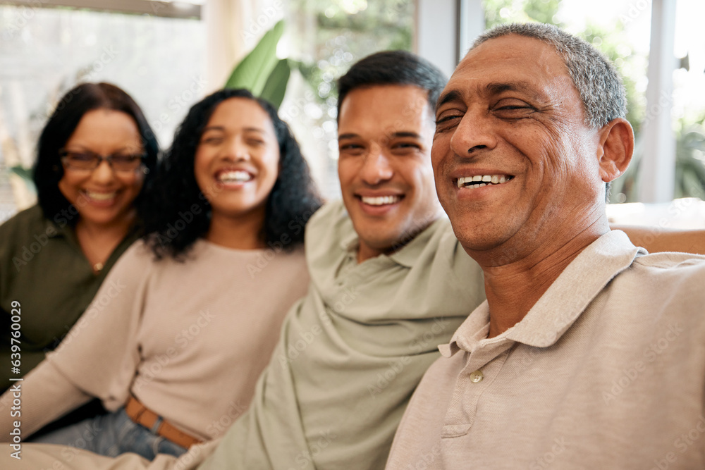 Happy family, portrait and selfie in photography, weekend bonding or break in relax on living room s