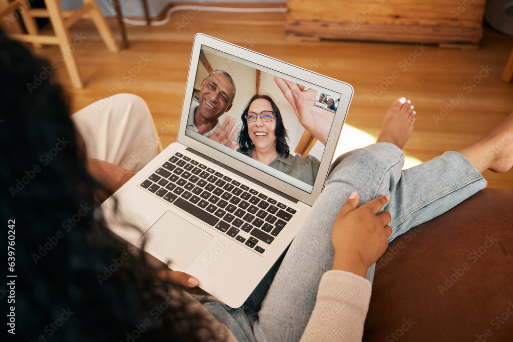 Video call, laptop screen and woman wave on home sofa for communication, contact or hello. Smile, vi